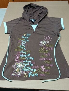 Bobby Jack Y2K Time Flies Brown & Blue Hooded Short Sleeve Graphic Tee w/ Ties